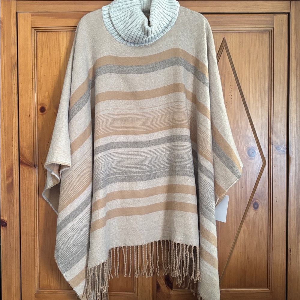 Vince Camuto Beige and Gray Striped Poncho